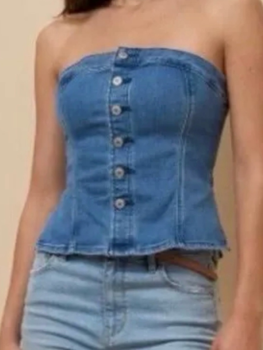 American Eagle Outfitters Strapless Button-Front Denim Corset Top - Blue M